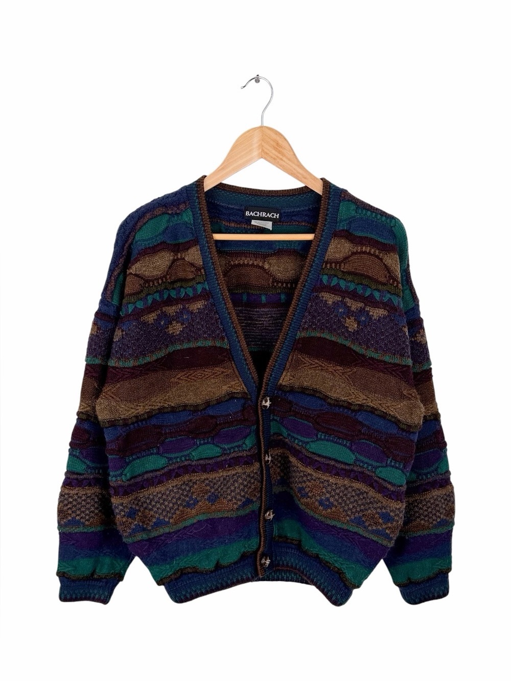 Vintage 3D Knit Cardigan Sweater Mens Large Coogi Style Wool Blend Multicolor